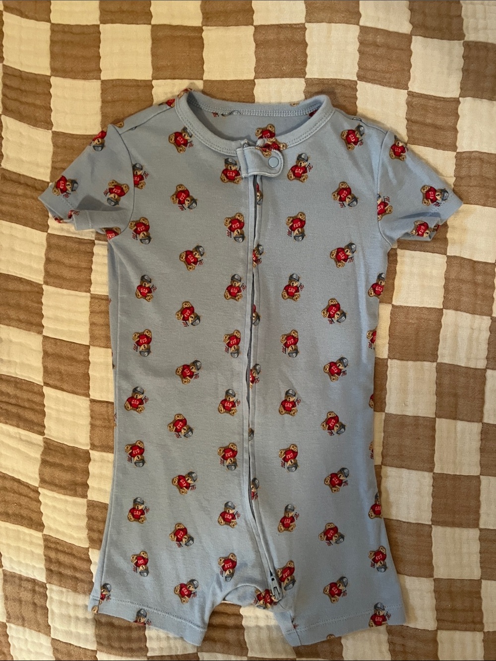 Baby Gap Blue Short Sleeve Zip Romper with Teddy bear Print